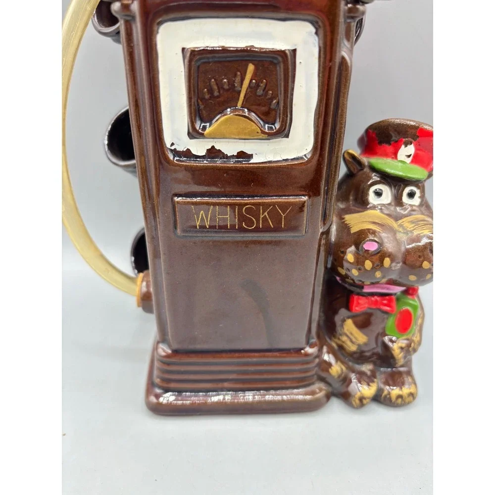 Vtg Gas‎ Pump Whiskey Decanter Set Ceramic Hippo Attendant 6 Shot Glasses EMPTY
